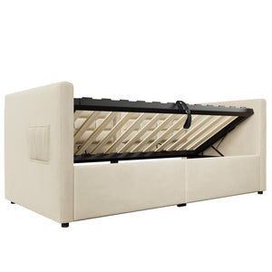 English Elm Upholstered Twin Daybed with Hydraulic Storage, Velvet Tufted Sofa Back, USB & Type-C Charging Port Beige N736P303402B