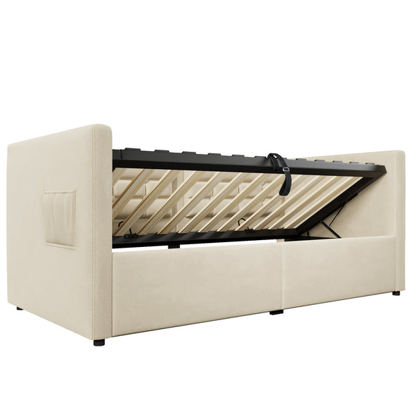 English Elm Upholstered Twin Daybed with Hydraulic Storage, Velvet Tufted Sofa Back, USB & Type-C Charging Port Beige N736P303402B
