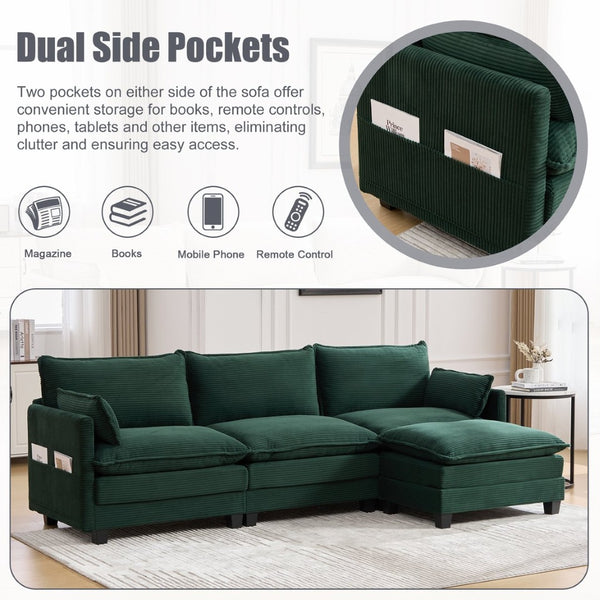 English Elm United We Win Modular Corduroy Sectional with Ottoman Low Profile Living Room Couch Emerald W1568S00257