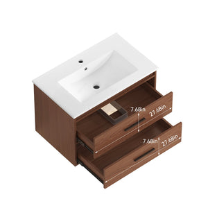 English Elm 30" Wall Mounted Bathroom Vanity Reddish Brown Mdf Two Soft Close Drawer Ceramic Sink W3133S00021