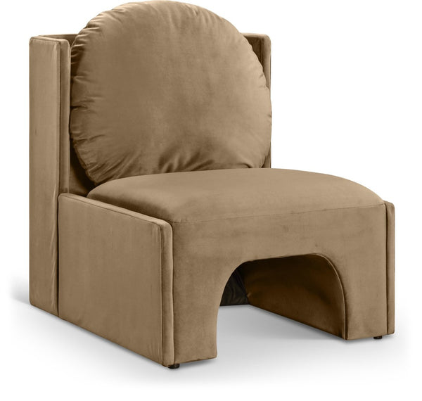 Meridian Furniture Sigma Plush Velvet Accent Chair with Cave Base and Hidden Storage for Modern Living Rooms Beige 33031Beige