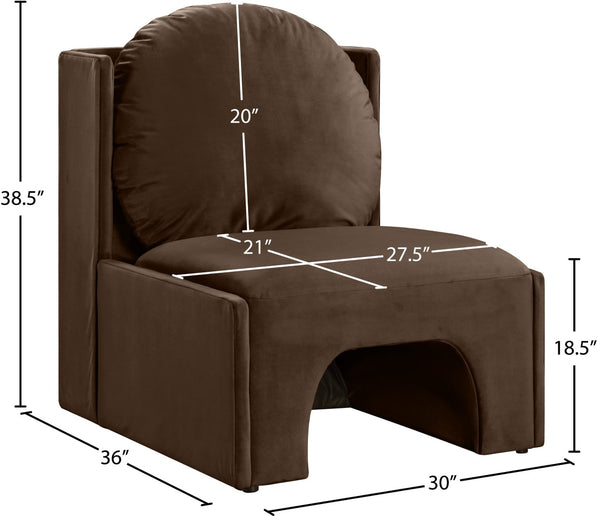 Meridian Furniture Sigma Plush Velvet Accent Chair with Cave Base and Hidden Storage for Modern Living Rooms Brown 33031Brown