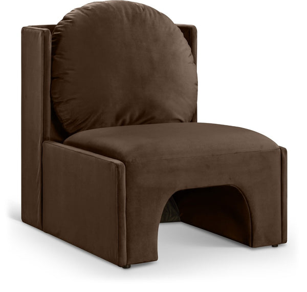 Meridian Furniture Sigma Plush Velvet Accent Chair with Cave Base and Hidden Storage for Modern Living Rooms Brown 33031Brown