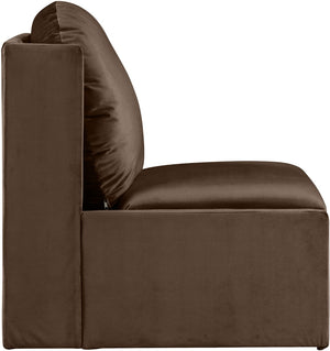 Meridian Furniture Sigma Plush Velvet Accent Chair with Cave Base and Hidden Storage for Modern Living Rooms Brown 33031Brown