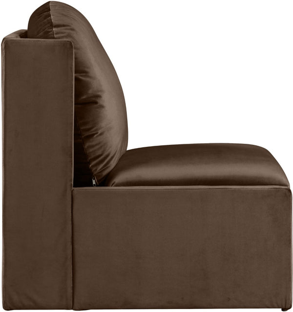 Meridian Furniture Sigma Plush Velvet Accent Chair with Cave Base and Hidden Storage for Modern Living Rooms Brown 33031Brown