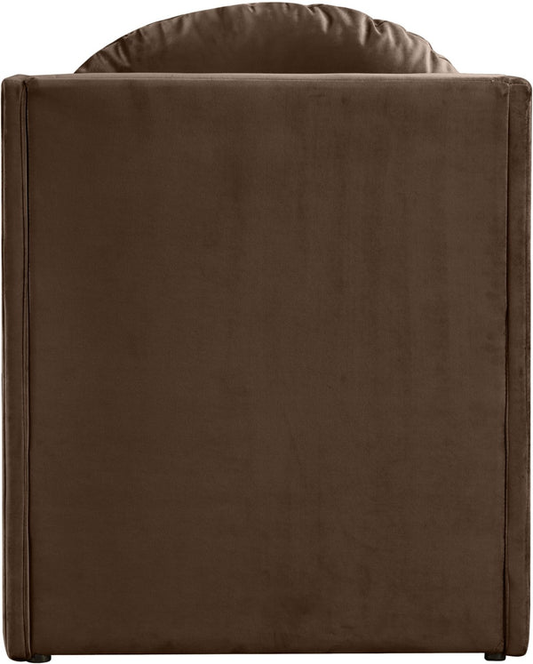 Meridian Furniture Sigma Plush Velvet Accent Chair with Cave Base and Hidden Storage for Modern Living Rooms Brown 33031Brown