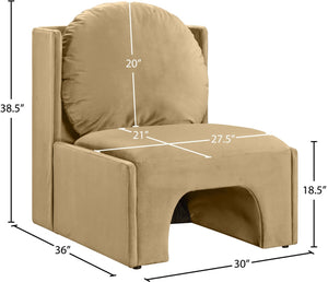 Meridian Furniture Sigma Plush Velvet Accent Chair with Cave Base and Hidden Storage for Modern Living Rooms Camel 33031Camel