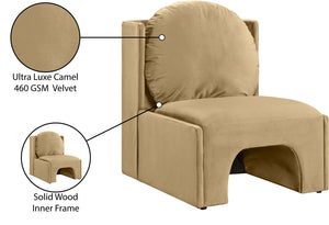 Meridian Furniture Sigma Plush Velvet Accent Chair with Cave Base and Hidden Storage for Modern Living Rooms Camel 33031Camel
