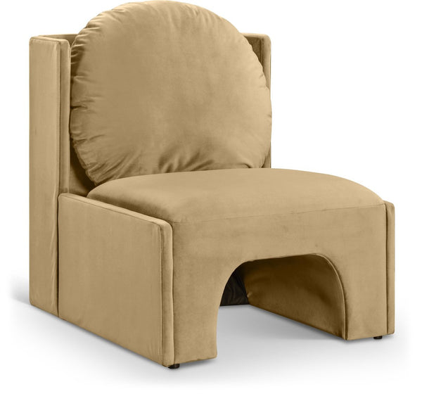 Meridian Furniture Sigma Plush Velvet Accent Chair with Cave Base and Hidden Storage for Modern Living Rooms Camel 33031Camel