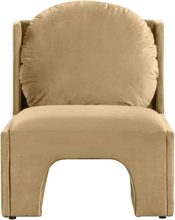 Meridian Furniture Sigma Plush Velvet Accent Chair with Cave Base and Hidden Storage for Modern Living Rooms Camel 33031Camel