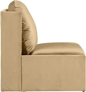 Meridian Furniture Sigma Plush Velvet Accent Chair with Cave Base and Hidden Storage for Modern Living Rooms Camel 33031Camel
