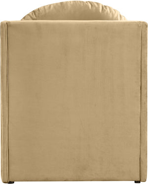 Meridian Furniture Sigma Plush Velvet Accent Chair with Cave Base and Hidden Storage for Modern Living Rooms Camel 33031Camel