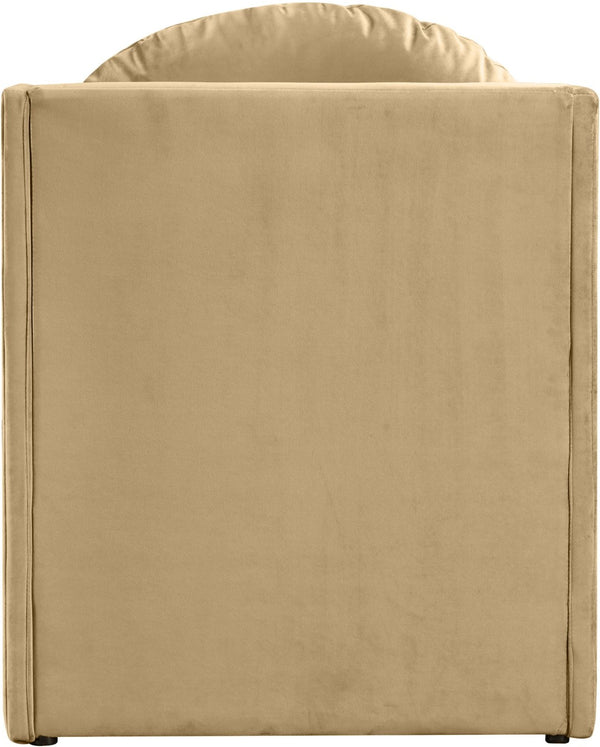 Meridian Furniture Sigma Plush Velvet Accent Chair with Cave Base and Hidden Storage for Modern Living Rooms Camel 33031Camel