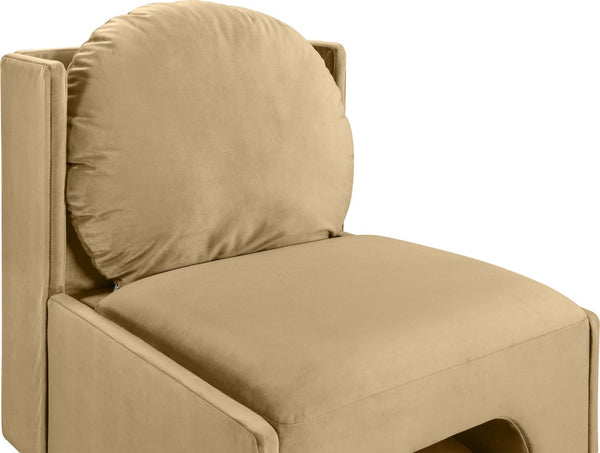 Meridian Furniture Sigma Plush Velvet Accent Chair with Cave Base and Hidden Storage for Modern Living Rooms Camel 33031Camel