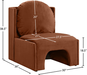 Meridian Furniture Sigma Plush Velvet Accent Chair with Cave Base and Hidden Storage for Modern Living Rooms Cognac 33031Cognac