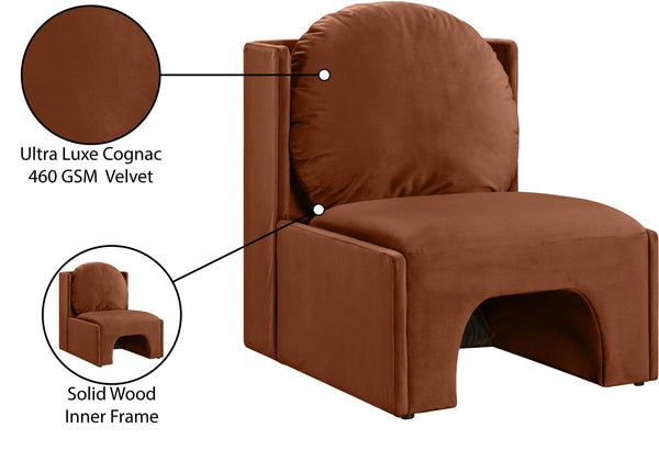 Meridian Furniture Sigma Plush Velvet Accent Chair with Cave Base and Hidden Storage for Modern Living Rooms Cognac 33031Cognac