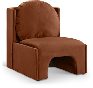 Meridian Furniture Sigma Plush Velvet Accent Chair with Cave Base and Hidden Storage for Modern Living Rooms Cognac 33031Cognac