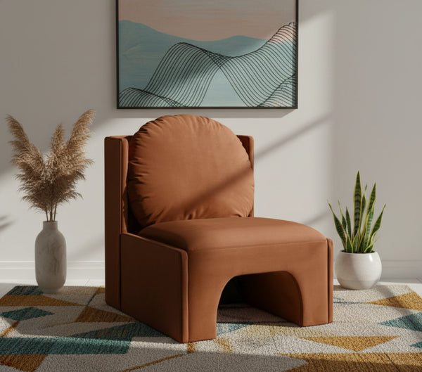 Meridian Furniture Sigma Plush Velvet Accent Chair with Cave Base and Hidden Storage for Modern Living Rooms Cognac 33031Cognac