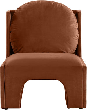 Meridian Furniture Sigma Plush Velvet Accent Chair with Cave Base and Hidden Storage for Modern Living Rooms Cognac 33031Cognac