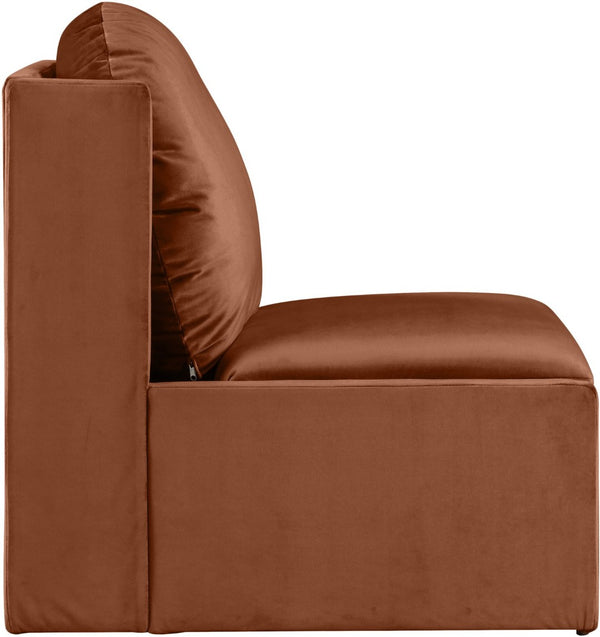 Meridian Furniture Sigma Plush Velvet Accent Chair with Cave Base and Hidden Storage for Modern Living Rooms Cognac 33031Cognac