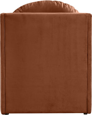 Meridian Furniture Sigma Plush Velvet Accent Chair with Cave Base and Hidden Storage for Modern Living Rooms Cognac 33031Cognac