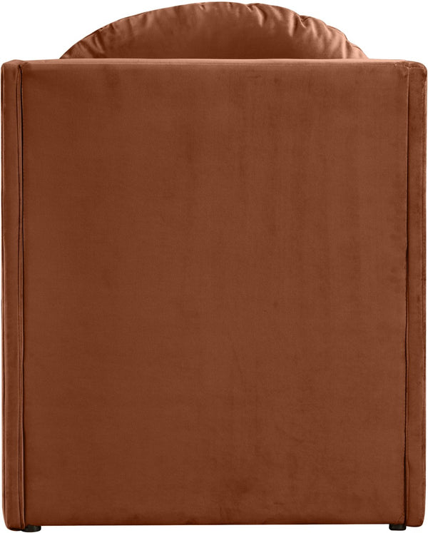 Meridian Furniture Sigma Plush Velvet Accent Chair with Cave Base and Hidden Storage for Modern Living Rooms Cognac 33031Cognac
