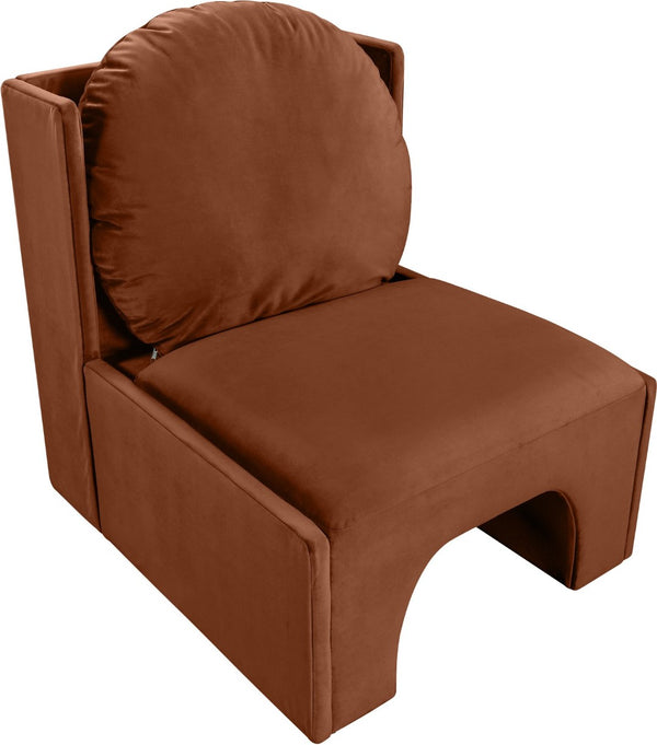 Meridian Furniture Sigma Plush Velvet Accent Chair with Cave Base and Hidden Storage for Modern Living Rooms Cognac 33031Cognac
