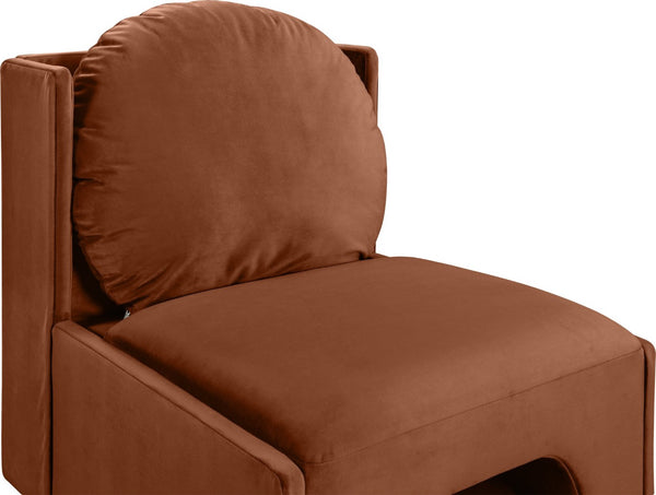 Meridian Furniture Sigma Plush Velvet Accent Chair with Cave Base and Hidden Storage for Modern Living Rooms Cognac 33031Cognac