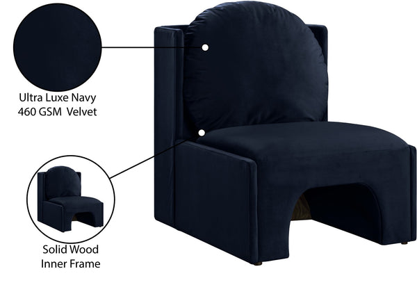 Meridian Furniture Sigma Plush Velvet Accent Chair with Cave Base and Hidden Storage for Modern Living Rooms Navy 33031Navy