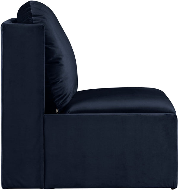 Meridian Furniture Sigma Plush Velvet Accent Chair with Cave Base and Hidden Storage for Modern Living Rooms Navy 33031Navy