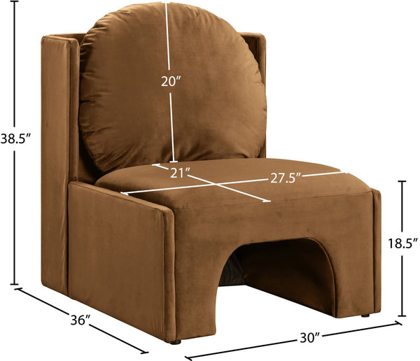Meridian Furniture Sigma Plush Velvet Accent Chair with Cave Base and Hidden Storage for Modern Living Rooms Saddle 33031Saddle