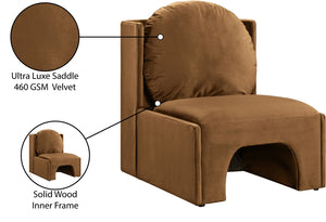 Meridian Furniture Sigma Plush Velvet Accent Chair with Cave Base and Hidden Storage for Modern Living Rooms Saddle 33031Saddle