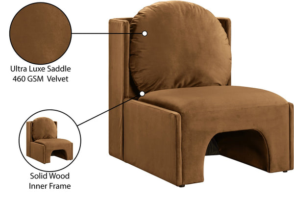 Meridian Furniture Sigma Plush Velvet Accent Chair with Cave Base and Hidden Storage for Modern Living Rooms Saddle 33031Saddle