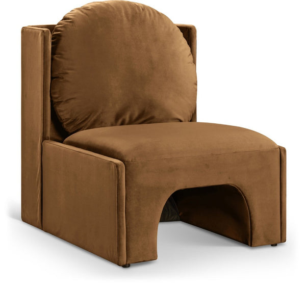 Meridian Furniture Sigma Plush Velvet Accent Chair with Cave Base and Hidden Storage for Modern Living Rooms Saddle 33031Saddle
