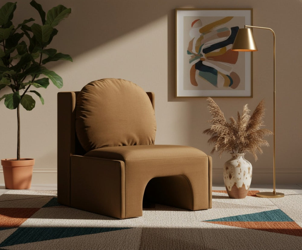 Meridian Furniture Sigma Plush Velvet Accent Chair with Cave Base and Hidden Storage for Modern Living Rooms Saddle 33031Saddle