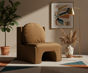 Meridian Furniture Sigma Plush Velvet Accent Chair with Cave Base and Hidden Storage for Modern Living Rooms Saddle 33031Saddle
