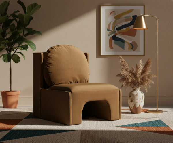 Meridian Furniture Sigma Plush Velvet Accent Chair with Cave Base and Hidden Storage for Modern Living Rooms Saddle 33031Saddle