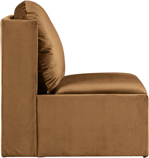 Meridian Furniture Sigma Plush Velvet Accent Chair with Cave Base and Hidden Storage for Modern Living Rooms Saddle 33031Saddle