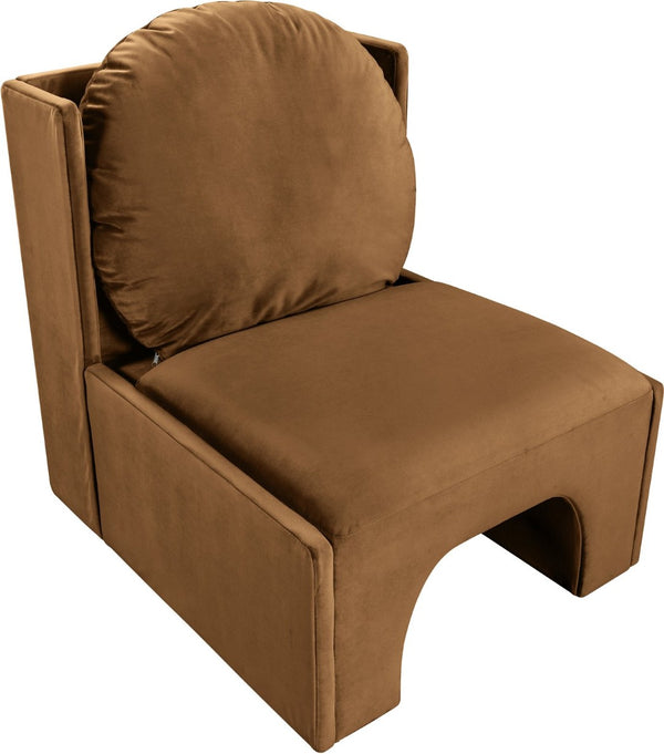 Meridian Furniture Sigma Plush Velvet Accent Chair with Cave Base and Hidden Storage for Modern Living Rooms Saddle 33031Saddle