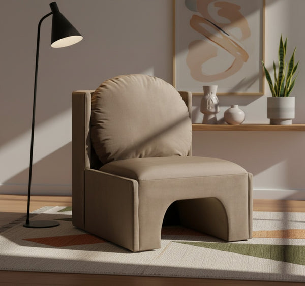 Meridian Furniture Sigma Plush Velvet Accent Chair with Cave Base and Hidden Storage for Modern Living Rooms Taupe 33031Taupe