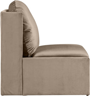 Meridian Furniture Sigma Plush Velvet Accent Chair with Cave Base and Hidden Storage for Modern Living Rooms Taupe 33031Taupe