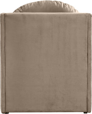 Meridian Furniture Sigma Plush Velvet Accent Chair with Cave Base and Hidden Storage for Modern Living Rooms Taupe 33031Taupe