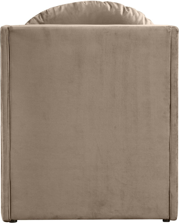 Meridian Furniture Sigma Plush Velvet Accent Chair with Cave Base and Hidden Storage for Modern Living Rooms Taupe 33031Taupe