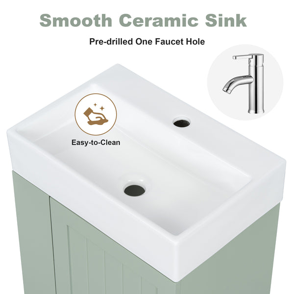 English Elm 20-Inch Compact Bathroom Vanity with Ceramic Sink, Wall-Mounted MDF Cabinet, Modern Space-Saver Design Green N725P314023F