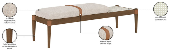 Meridian Furniture Nara Art Deco Upholstered Bench with Cane Detail Wood Frame and Vegan Leather Straps Beige A 33035Beige
