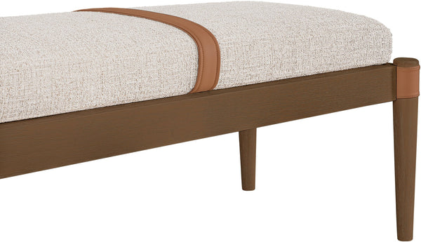 Meridian Furniture Nara Art Deco Upholstered Bench with Cane Detail Wood Frame and Vegan Leather Straps Beige A 33035Beige