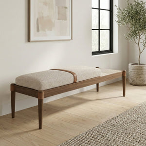 Meridian Furniture Nara Art Deco Upholstered Bench with Cane Detail Wood Frame and Vegan Leather Straps Beige A 33035Beige
