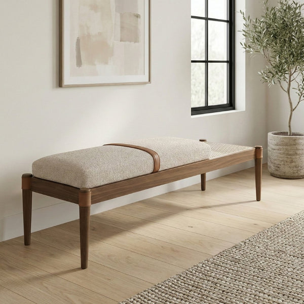 Meridian Furniture Nara Art Deco Upholstered Bench with Cane Detail Wood Frame and Vegan Leather Straps Beige A 33035Beige