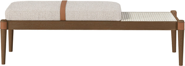 Meridian Furniture Nara Art Deco Upholstered Bench with Cane Detail Wood Frame and Vegan Leather Straps Beige A 33035Beige