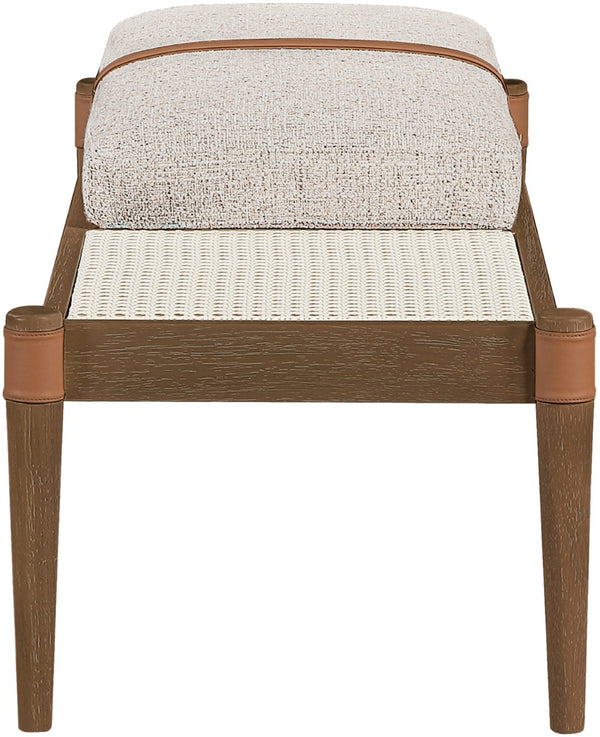 Meridian Furniture Nara Art Deco Upholstered Bench with Cane Detail Wood Frame and Vegan Leather Straps Beige A 33035Beige